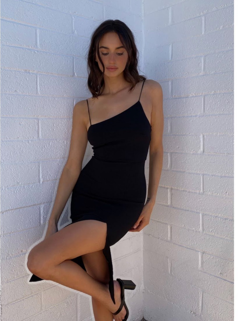 Princess Polly Black One-Shoulder Slip Dress with Side Slit